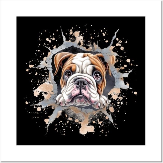 Cute Bulldog Puppy Looking Through Hole in the Wall. Wall Art by Vanglorious Joy